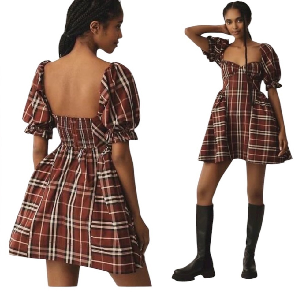 Anthropologie Maeve Red Tartan Plaid Puff Sleeve Mini Dress